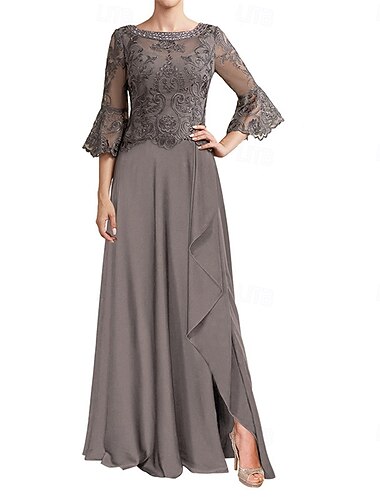  Vestido de madre de la novia en línea vestido elegante de cuello redondo hasta el suelo de gasa de manga larga con color sólido
