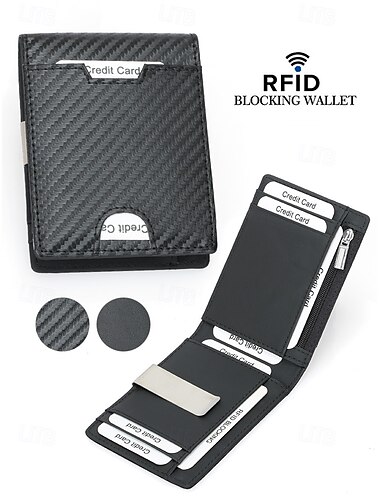  Herrplånbok i kolfiber med rfid-blockerande penningklämma i rostfritt stål – smal, dubbelvikt korthållare med myntficka med dragkedja för resor, affärer och vardagsbruk