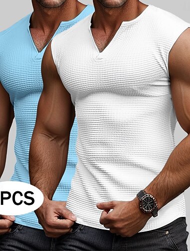  Homme Débardeur gaufré Débardeur Gilet Sous-Vêtements Sans manches Col en V Été Uni Mode Sportif Classique 2 pièces Basique Pack multiple Occasionnel Salle de sport Rue Blanc + Blanc T-shirt haut de