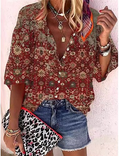  Damen Sommeroberteile Blumen Grafik Paisley-Muster Vintage Täglich Stilvoll Dreiviertelarm V Ausschnitt Normale Oberteile Täglich Druck Kastanienbraun Himmelblau Staubiges Blau Rosa Leicht Blau