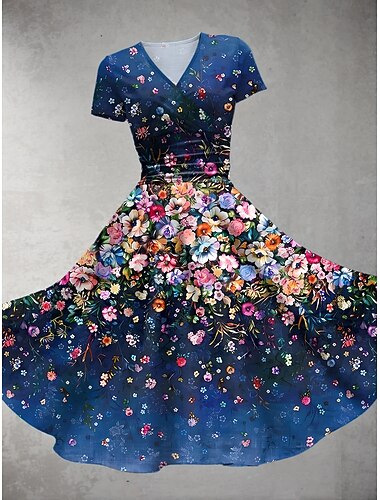  Dámské Midi šaty Letní šaty Fit A Flare šaty Večírek Na běžné nošení Denní Dovolená Běžný Květinový Grafika Krátký rukáv Do V Rubínově červená Vodní modrá Trávová zelená Tmavomodrá Léto