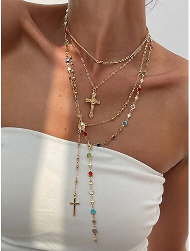  Collar con colgante de cruz de oro y plata multicapa para mujer con cuentas multicolores: joyería religiosa de moda para uso diario, salidas informales y ocasiones especiales.