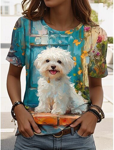  Mulheres Camiseta Gráfico Animal Cachorro à moda Clássico Casual Manga Curta Gola Redonda Tops regulares Diário Final de semana Imprimir Verde Azul Azul empoeirado Laranja Verde Verão Primavera