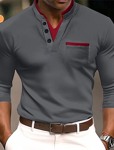  Herren T Shirt Kurzarm Langarm V Ausschnitt Henley Sommer Ganzjahres Einfach Mode Klassisch Lässig Rein Straße Lässig Sport Schwarz Grau Marineblau Top T-Shirt für Herren