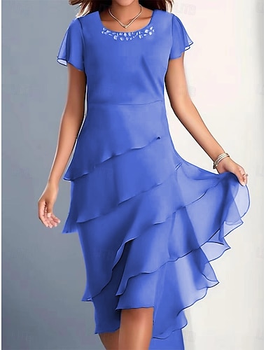  Női Sifon ruhák Midi ruha Sifon Fodrozott Többrétegű Esküvői vendég Koktélparty Elegáns Előírásos Terített nyak Rövid ujjú Bor Medence Teveszín Szín
