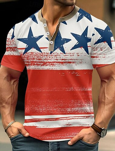  Herren Amerikanischer Unabhängigkeitstag Sternenbanner T Shirt Henley Hemd Kurzarm Designer Retro Vintage Lässig Straße Lässig Täglich Sommer Frühling Weiß Henley Henley T-Shirt