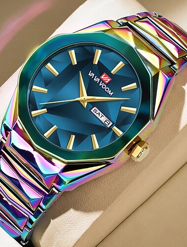  Reloj de cuarzo para hombre va va voom, con calendario dual, resistente al agua, correa de acero inoxidable y esfera que cambia de color.