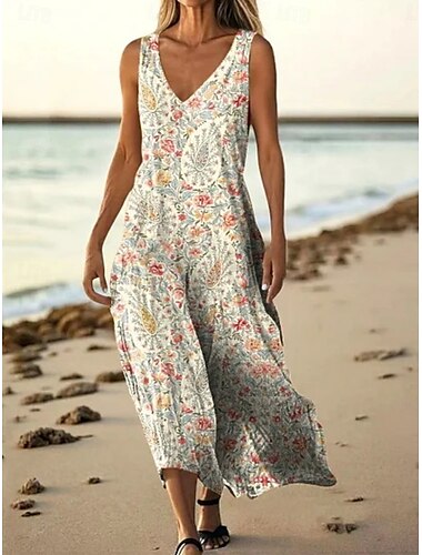  Dames Lange jurk maxi-jurk Casual jurk Tank-jurk Zomerjurk Afrikaanse Dagelijks Feestdagen Strand Normale pasvorm Bloemig Mouwloos V-hals Blozend Roze Rood Marineblauw Paars Zomer
