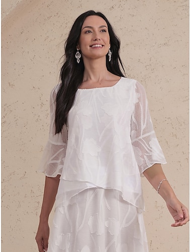  Dames Kanten overhemd Blouse Geklede topjes Chiffon-topjes Effen Kleur Bloemig Elegant Stijlvol Basic 3/4 mouw Bel Boothals Normale tops Bruiloft gast Werk Dagelijks Uitknippen Asymetrische zoom Wit