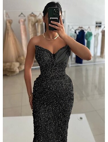  Schlauchkleid Abendkleid Vintage Kleid Karneval Formell Bodenlang Ärmellos Herzförmiger Ausschnitt Paillettenbesetzt mit Glitzer 2025