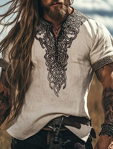  Herren Leinenhemd Popover-Hemd Sommerhemd Vintage-Shirt Kurzarmshirt Ethno-Hemd Patchwork Urlaub Straße Khaki Kurzarm V Ausschnitt Sommer Bekleidung Ethnisch & Religiös