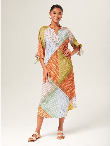  Femmes Robe Imprimée Robe maxi Arc-en-ciel Manches 3/4 Modèle cyclique Imprimé Été Col haut Décontracté Quotidien XS S M