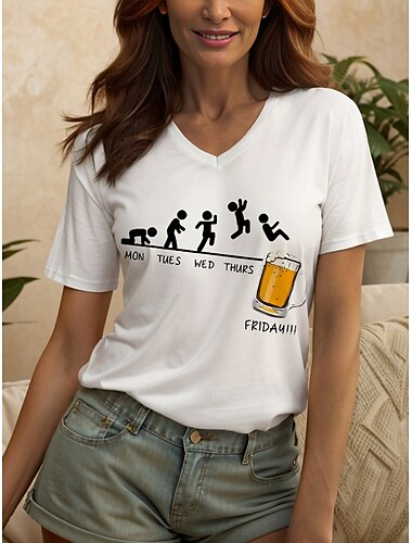  オクトーバーフェスト 女性用 Tシャツ グラフィック レタード ヴィンテージ スタイリッシュ クラシック 半袖 Ｖネック レギュラートップス 日常 プリント ブラック ホワイト イエロー ピンク ルビーレッド 夏 春