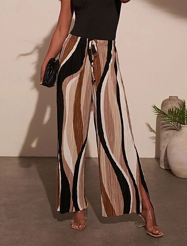  Damen Weites Bein Stoffhosen Streetwear Lässig Volle Länge Natürliche Taille Geometrie Elastisches Kordelzugdesign Bequem Außenbereich Urlaub Ausgehen Braun Herbst Normale Passform