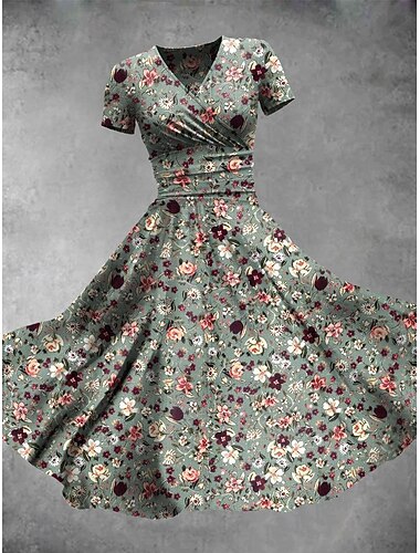  Damen Midikleid A Linie Kleid Sommerkleid Figurbetontes Kleid Party Lässig Täglich Ferien Normale Passform Blumen Grafik Kurzarm V Ausschnitt Marineblau Blau Grün Sommer Frühling