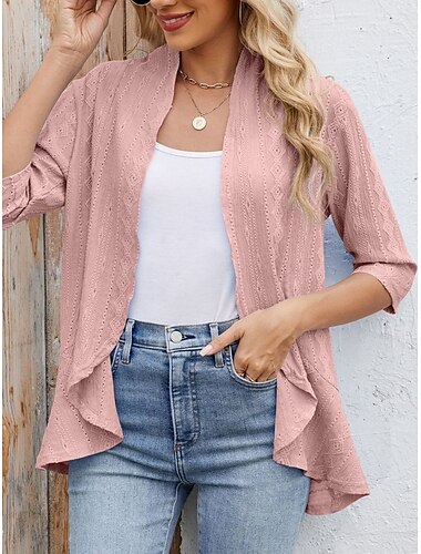  Damen Freizeitjacke Atmungsaktiv Bequem Rüsche Lässig Einfach Urlaub Straße Lässig Alltagskleidung Offene Vorderseite Regulär Kragenlos Normale Passform Dreiviertelarm Oberbekleidung Schwarz Weiß Rosa