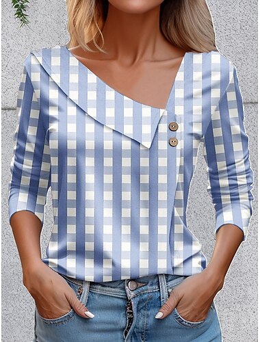  Damen T Shirt Grafik Karomuster Vintage Stilvoll Basic Langarm Asymmetrischer Ausschnitt Normale Oberteile Täglich Ausgehen Wochenende Knöpfe Gelb Blau Orange Sommer Frühling Herbst