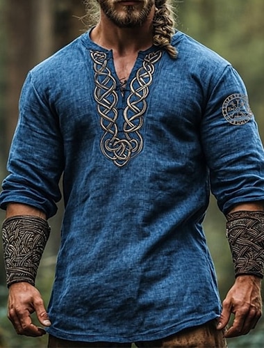  Herren Leinenhemd Popover-Hemd Sommerhemd Henley Hemd Vintage-Shirt Kurzarmshirt Boho Urlaub Straße Dunkelblau Halbarm V Ausschnitt Sommer Frühling Bekleidung Ethnisch & Religiös