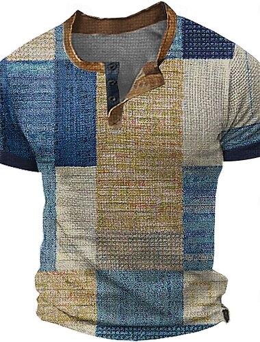  Hombre Retazos Henley Shirt Camiseta de gofres Manga Corta Diario Retro Antiguo Clásico Deporte Casual Festivos Primavera verano Todas las Temporadas Verde Azul Piscina Marrón Gris Henley Camiseta