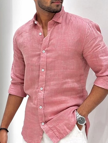  Voor heren Overhemd Linnen overhemd Zomer overhemd Strand Kleding Overhemd met knopen Effen Vakantie Casual Zwart Wit Lichtgroen Blozend Roze Lange mouw Strijkijzer Lente zomer Kleding