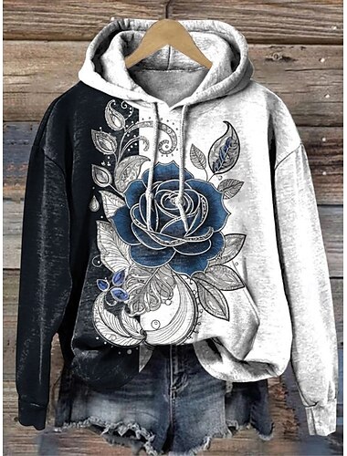  Damen Kapuzenpullover Blumen Warm Vintage Western Langarm Mit Kapuze Normale Oberteile Straße Alltagskleidung Urlaubskleidung Druck Schwarz Weiß Rosa Orange Braun Herbst Winter