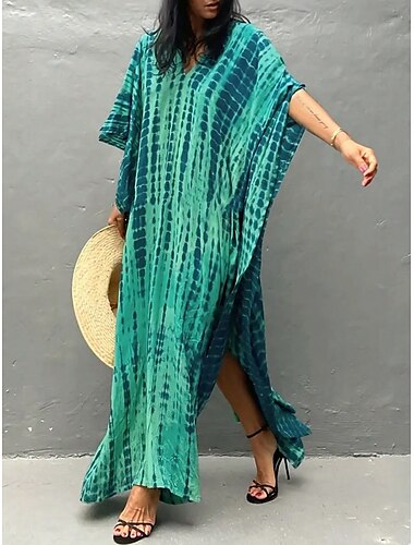  Damen Maxikleid Sommerkleid Urlaub Lässig Boho Outdoor Party Ausgehen Normale Passform Geometrisch Dreiviertelarm V Ausschnitt Gelb Rote Blau Grün Sommer
