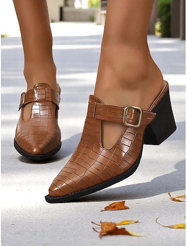  Damen-Pantoletten mit Krokodilprägung und Blockabsatz – Slipper mit Schnallendekor und Cutout-Design, stylische Pendlerschuhe für Büro, Arbeit und Alltag