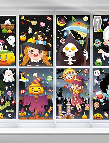  8 listů halloweenských samolepek na okno, dekorace s oboustrannými obtisky, roztomilá kreslená dýně, lebka smrtky, statické samolepky na halloweenskou párty