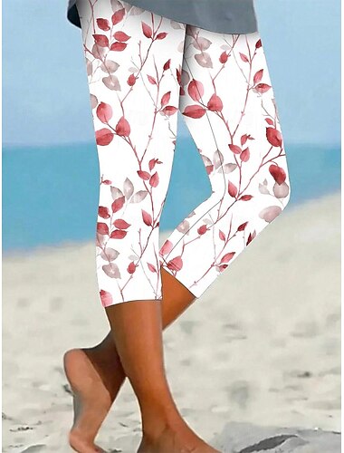 Damen Leggings Urlaub Vintage Basic Wadenlang Hohe Taille Grafik Blatt Atmungsaktiv Schnelltrocknend Weich Dehnbar Lässig Täglich Ferien Rubinrot Gelb Rote Grün Sommer Frühling Schmale Passform