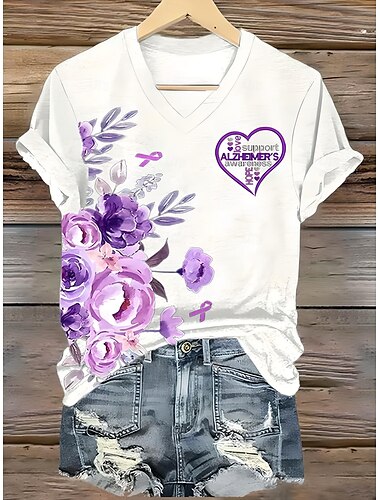  女性用 Tシャツ フラワー グラフィック 植物 ヴィンテージ ファッション ハワイアン 半袖 Ｖネック レギュラートップス 日常 お出かけ 週末 プリント ブラック ホワイト パープル グリーン 夏 春