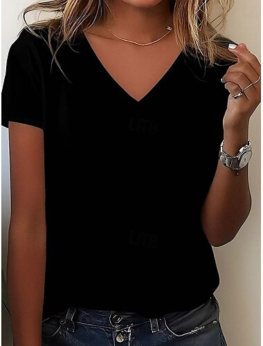  Damen T-Shirt aus 100 % Baumwolle, modisch, Basic, lässig, kurzärmlig, V-Ausschnitt, normale Oberteile, täglich, schwarz, weiß, grau, Frühling, Herbst, Winter, Sommer