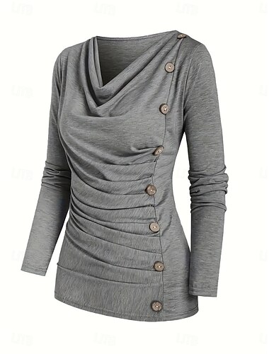  Damen Bluse Einfarbig Stilvoll Lässig Langarm Wasserfallausschnitt Normale Oberteile Täglich Gerafft Knöpfe Schwarz Rosa Grün Aprikose Grau Frühling Herbst