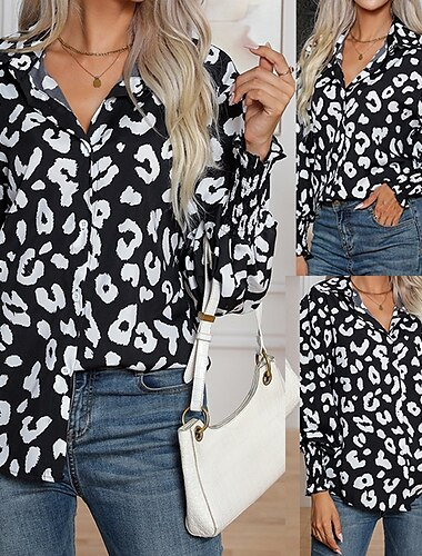  Damen Hemd Leopard Täglich Stilvoll Basic Langarm Hemdkragen Normale Oberteile Arbeit Täglich Ferien Knöpfe Druck Schwarz Frühling Herbst