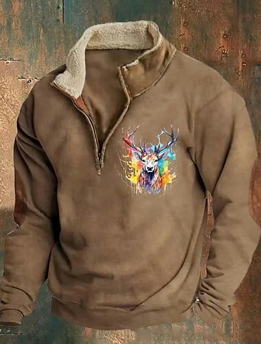  Herren Sweatshirt Viertelreißverschluss Sweatshirt Schwarz Marineblau Braun Grau Halber Reißverschluss Farbblock Rentier Halber Reißverschluss Druck Sport & Outdoor Täglich Ferien Polyester Vintage