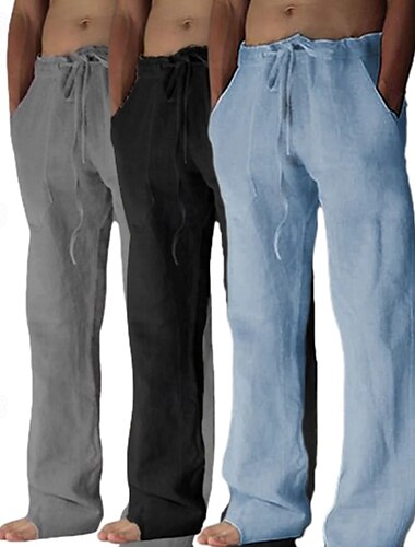  Herren Leinenhosen Hose Sommerhose Baggy-Hosen Strandhose Tasche Kordelzug Einfach Komfort Atmungsaktiv Volle Länge Yoga Lässig Täglich Urlaub Klassicher Stil Khaki + Weiß + Grau Hellgrau + Grün