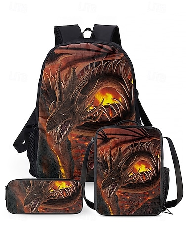  3-teiliges Drachen-Rucksack-Set für Kinder – Fantasie-blauer Drachen-Schulranzen mit Lunchtasche und Federmäppchen, strapazierfähiger, leichter Bücherrucksack für Jungen und Mädchen, perfekt für Schule, Reisen und als Geschenk, Vincent Hie