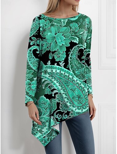  女性用 Tシャツ フラワー グラフィック ペーズリー ヴィンテージ スタイリッシュ クラシック 長袖 クルーネック レギュラートップス 日常 プリント アシメントリー イエロー パープル オレンジ グリーン 夏 春