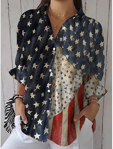  Unabhängigkeitstag Frauen Patriotic Fourth of July Shirt Grafik Flagge Vintage Tropisch Stylisch Langarmshirt Kragen Reguläre Oberteile Arbeit Täglich Druck Maroon Schwarz Weiß Gelb Blau Herbst