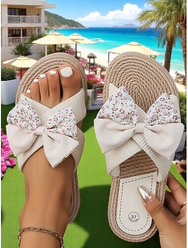 sandali da donna con fiocco floreale e corda slip-on – graziose ciabatte estive da spiaggia con suola intrecciata per vacanze, feste in giardino e abbigliamento casual quotidiano