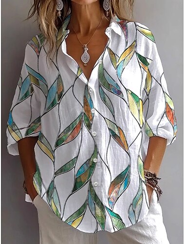  Damen Hemd Bluse Blumen Grafik Blatt Vintage Täglich Stilvoll Langarm Hemdkragen Normale Oberteile Täglich Ferien Ausgehen Knöpfe Gras-Grün Hellgrün Leicht Blau Sommer Frühling Herbst