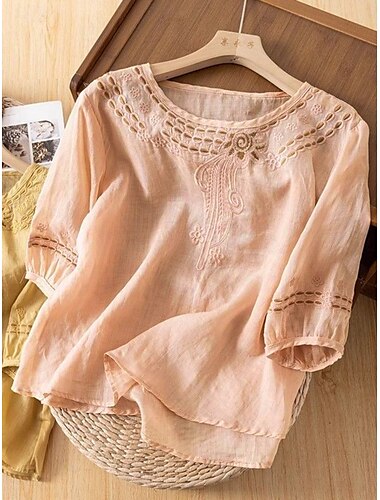  Dames Overhemd Katoenen linnen overhemden Blouse Effen Kleur Basic Casual 3/4 mouw Strakke ronde hals Normale tops Dagelijks Kant Lapwerk Zwart Geel Blozend Roze Groen Zomer