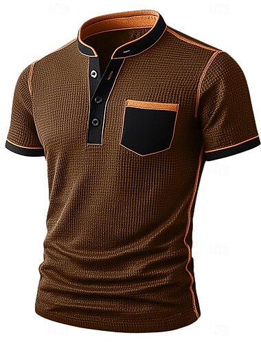  男性用 ワッフルヘンリーシャツ Tシャツ 半袖 純色 平織り ファッション デザイナー 快適 カラーブロック ボタン ヘンリー アウトドア カジュアル 日常 夏 オールシーズン ブラック ネイビーブルー 褐色 ヘンリーTシャツ