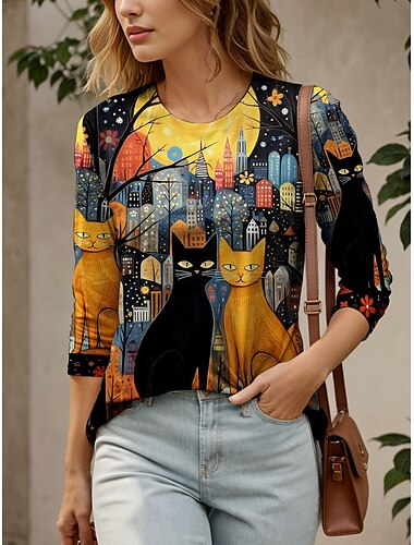  Mujer Camiseta Floral Animal Gato Vintage Moda Estilo lindo Manga Larga Cuello Barco Escote Redondo Tops regulares Diario Fin de semana Lindos atuendos Estampado Amarillo Azul Piscina Naranja Verano