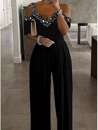  Dames Normaal Jumpsuit Elegant Geometrisch Korte mouw Breed Been V-hals Lapwerk Hoge taille Feest Werk Normale pasvorm Zwart Wijn blauw Zomer