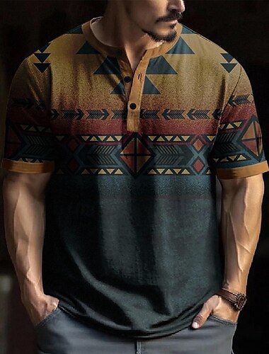  Hombre Geométrico azteca Camiseta Henley Shirt Manga Corta Design Retro Antiguo De moda Calle Casual Diario Verano Primavera Todas las Temporadas Caqui Henley Camiseta Henley