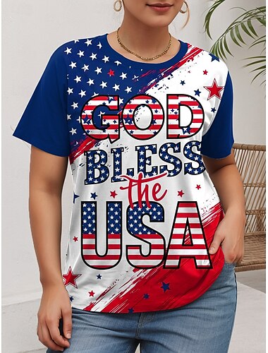  Amerikanischer Unabhängigkeitstag Damen-Oberteile in Übergröße, T-Shirt mit grafischem Flaggendruck, kurze Ärmel, Rundhalsausschnitt, lässig, täglich, Polyester, Sommer, Rot, Blau