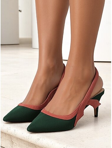  női zöld és rozsdabarna színű, slingback magassarkú cipők, hegyes orrú, alacsony sarkú cipők hétköznapi randevúkhoz és sikkes viseletekhez