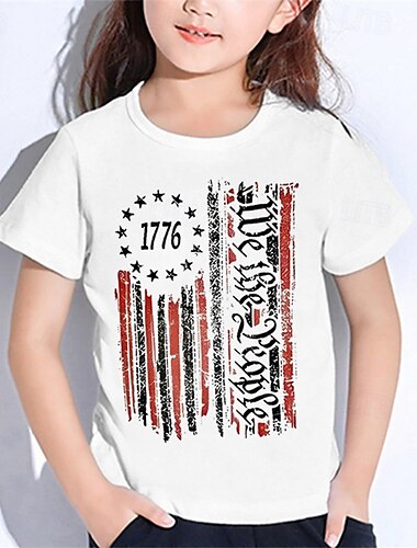  Amerikanischer Unabhängigkeitstag Mädchen 3D Flagge T-Shirt Kurzarm Sommer Frühling Mode Basic Kinder 4-12 Jahre Rundhalsausschnitt Outdoor Lässig Täglich Normale Passform