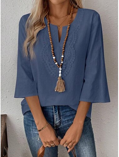  Damen Spitzenbluse Einfarbig Stilvoll Lässig Dreiviertelarm V Ausschnitt Normale Oberteile Täglich Spitze Patchwork Weiß Rote Blau Gold Sommer Frühling