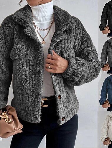  Damen Teddymantel Warm Bequem Knöpfe Lässig Einfach Alltagskleidung Ausgehen Wochenende Einreihig Regulär Umlegekragen Normale Passform Langarm Oberbekleidung Schwarz Braun Dunkelblau Herbst Winter